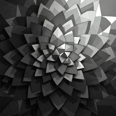 The primary subject of the image is a large, intricate, and colorful geometric design. The design is composed of multiple triangles and squares, creating a visually striking pattern. The setting is a dark background, which contrasts with the vibrant colors of the geometric pattern. The visual style of the image is a combination of digital art and illustration, showcasing the artist's skill in creating a complex and visually appealing design. The dominant colors in the image are black, white, and various shades of gray